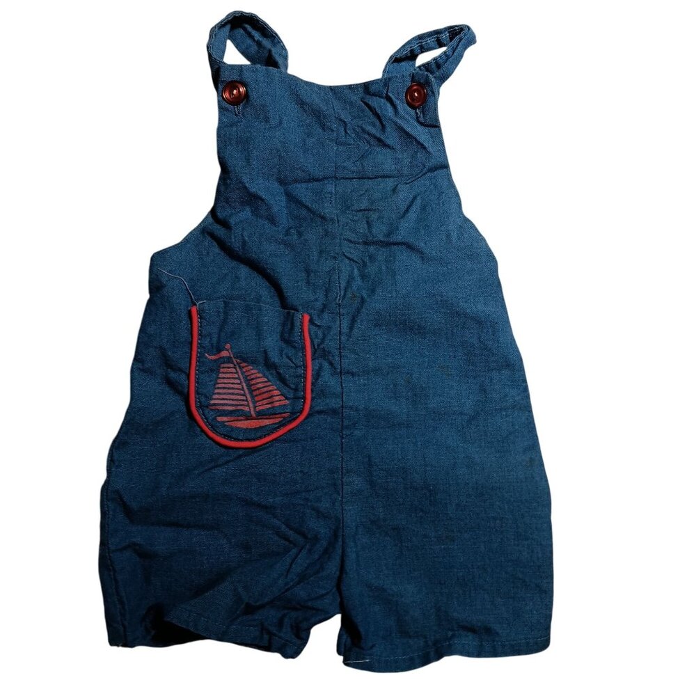 Vintage Blue Denim Baby Overalls 12M Red Buttons & Sailboat Pocket Embroidery